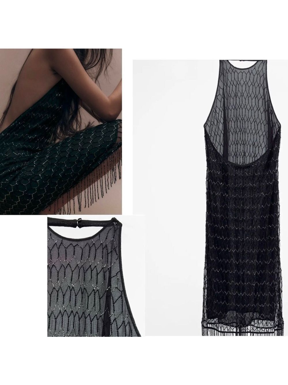 Zara Festive days limited collection black silver beaded fringe midi dress L NWT